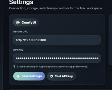 DreamForge Settings ComfyUI panel, showing the separate Server URL and masked API Key fields, Save Settings, and Test API Key