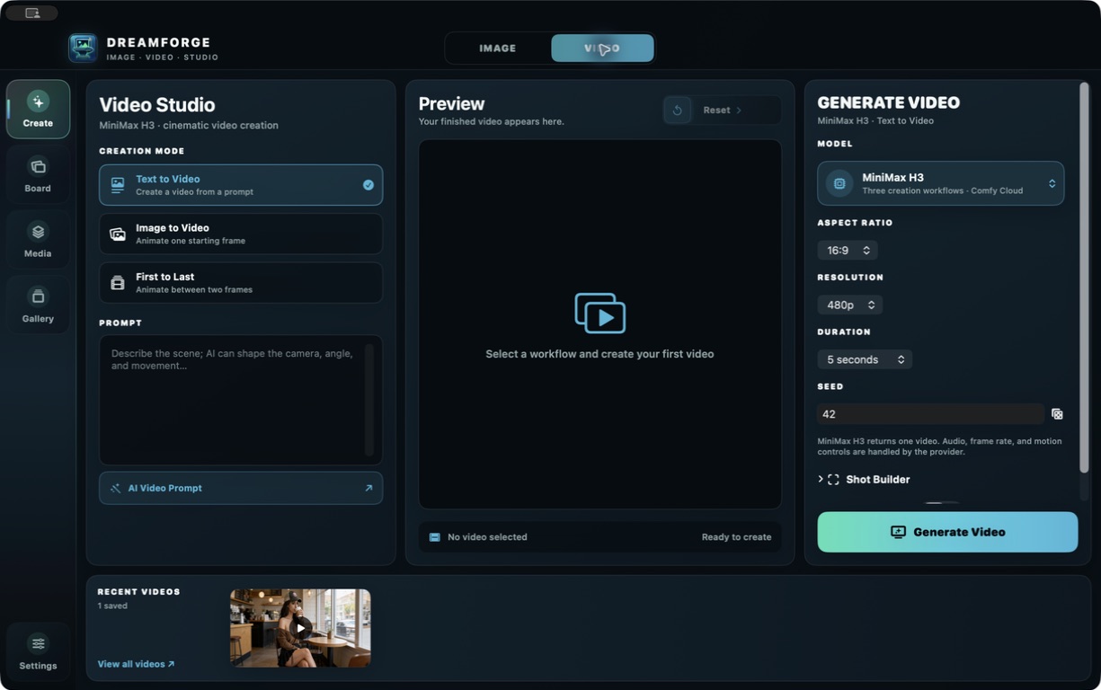 DreamForge's Video Studio showing text-to-video modes, prompt, preview, and model controls